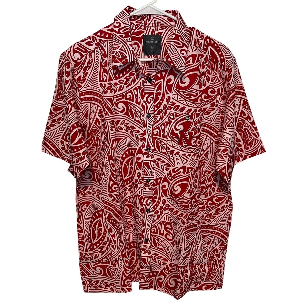 Nebraska Huskers Men's M Button Up Camp Shirt Red Tribal Print Lightweight